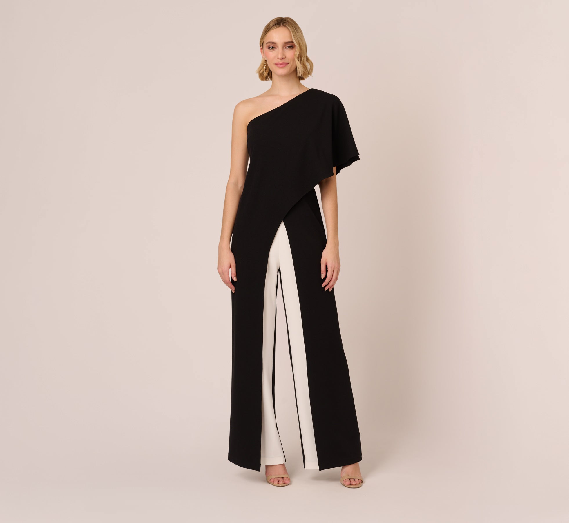 Flutter One Shoulder Colorblock Jumpsuit With Wide Legs In Black