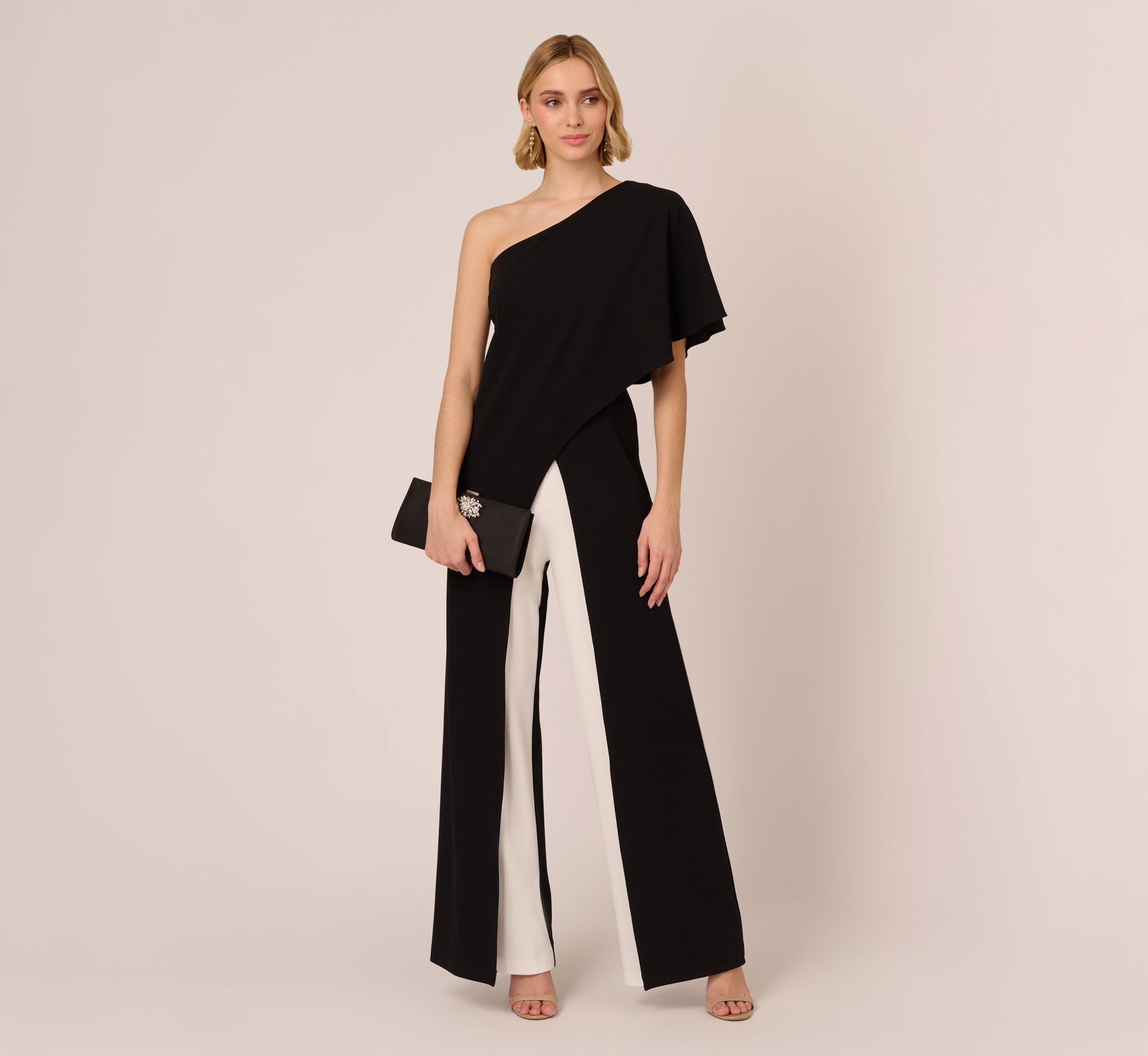 Flutter One Shoulder Colorblock Jumpsuit With Wide Legs In Black