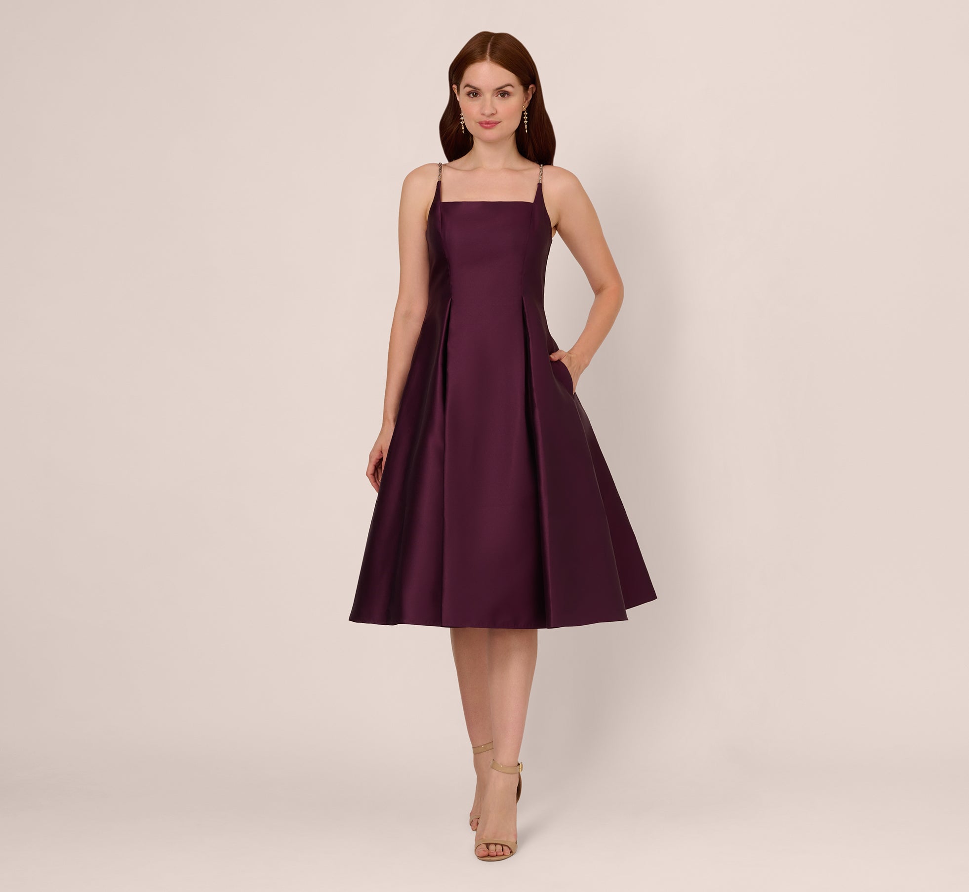 Mikado Midi Dress With Beaded Spaghetti Straps In Pinot Noir 1