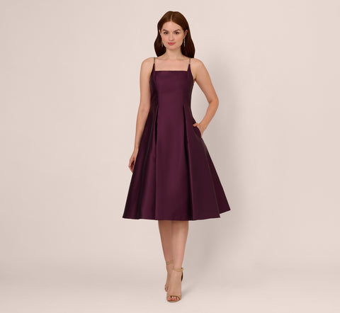 Mikado Midi Dress With Beaded Spaghetti Straps In Pinot Noir