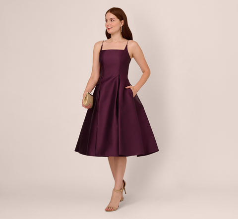 Mikado Midi Dress With Beaded Spaghetti Straps In Pinot Noir