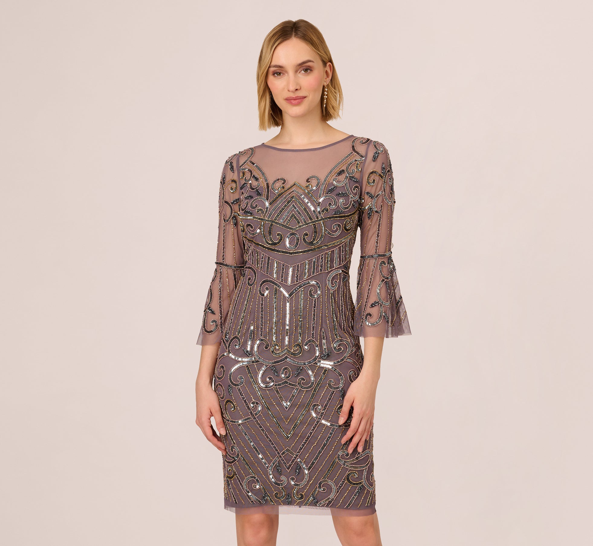 Deco Beaded Sheath Dress With Sheer Bell Sleeves In Moonscape 1