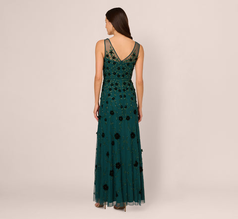 Velvet Floral Beaded Gown With Sheer Tank Straps In Gem Green