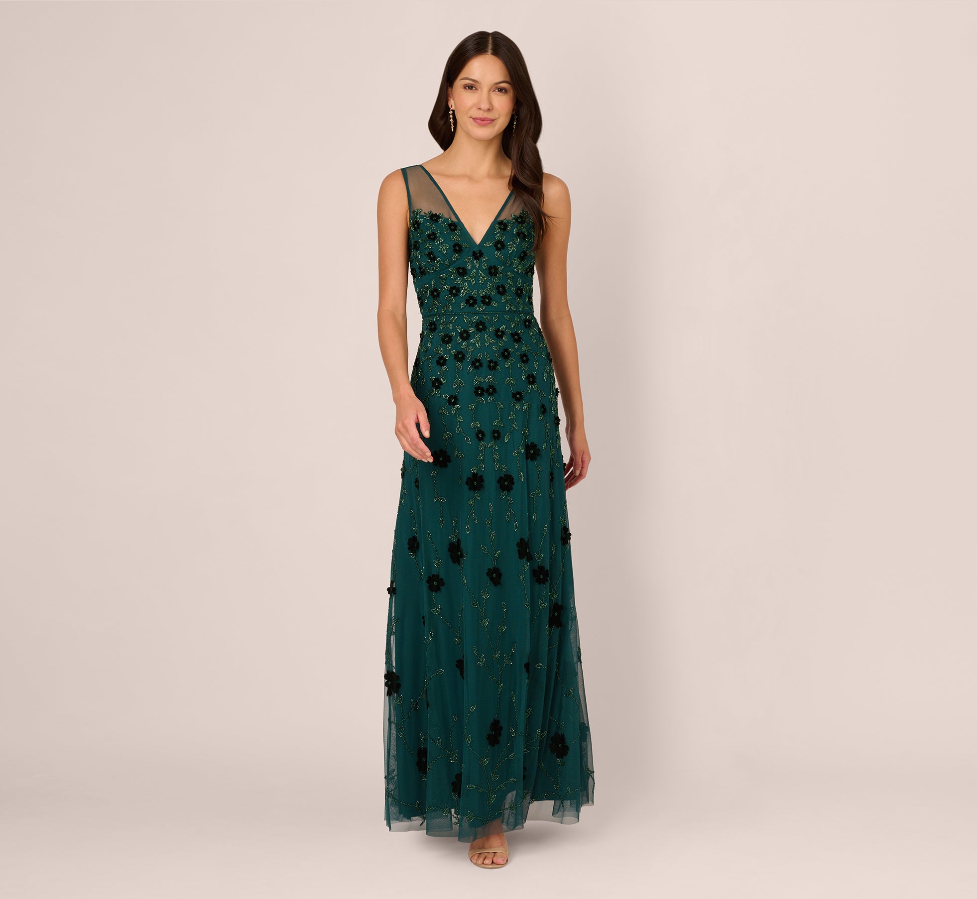 Velvet Floral Beaded Gown With Sheer Tank Straps In Gem Green 1