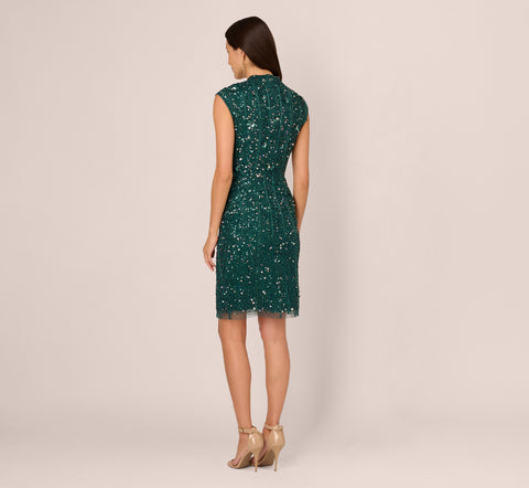 Cap Sleeve Sequin Beaded Dress With Mock Neckline In Gem Green