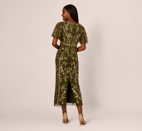 Sequin Beaded Ankle Length Dress With Flutter Sleeves In Olive