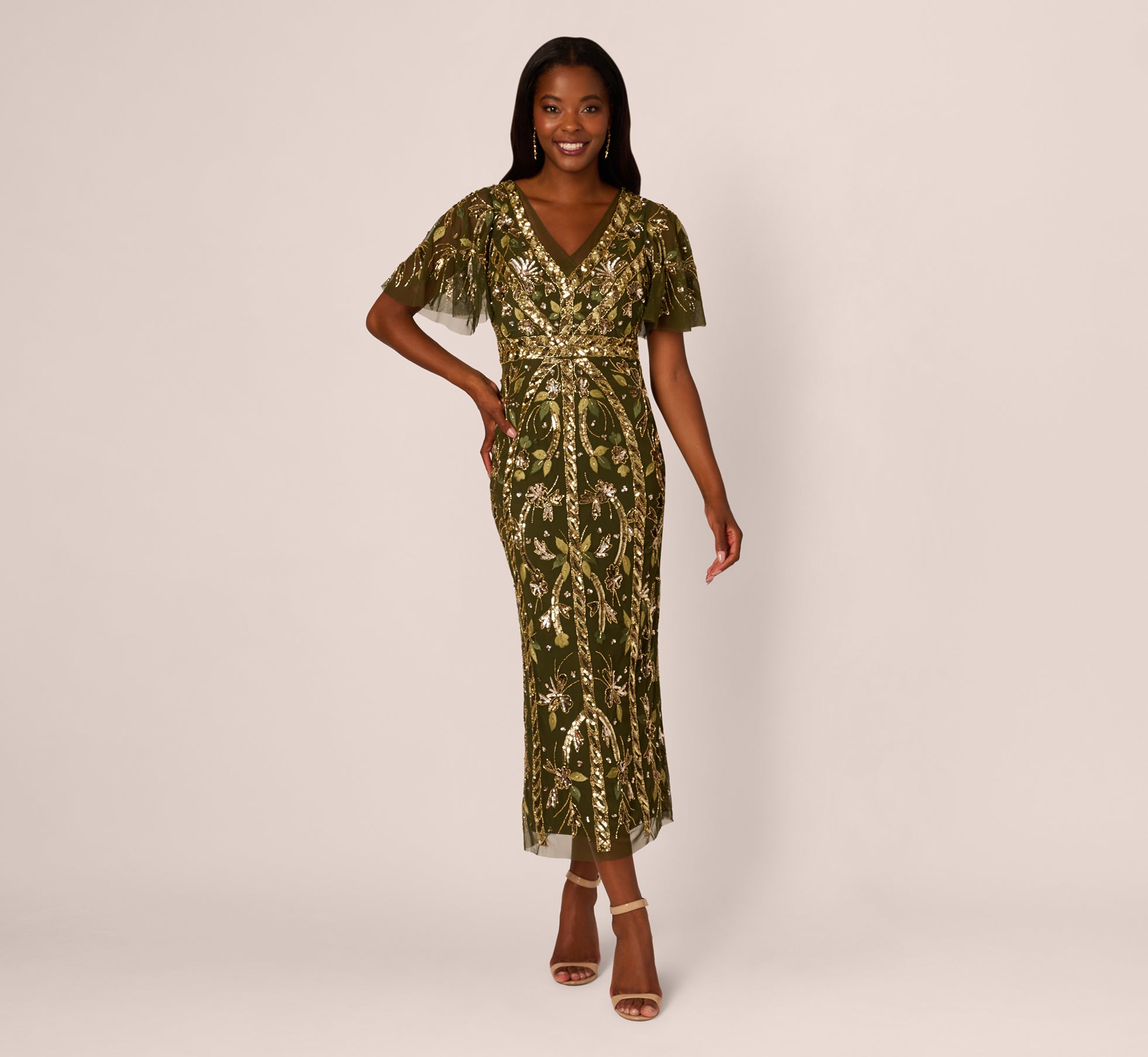 Sequin Beaded Ankle Length Dress With Flutter Sleeves In Olive 1