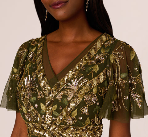 Sequin Beaded Ankle Length Dress With Flutter Sleeves In Olive