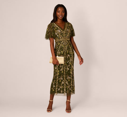 Sequin Beaded Ankle Length Dress With Flutter Sleeves In Olive