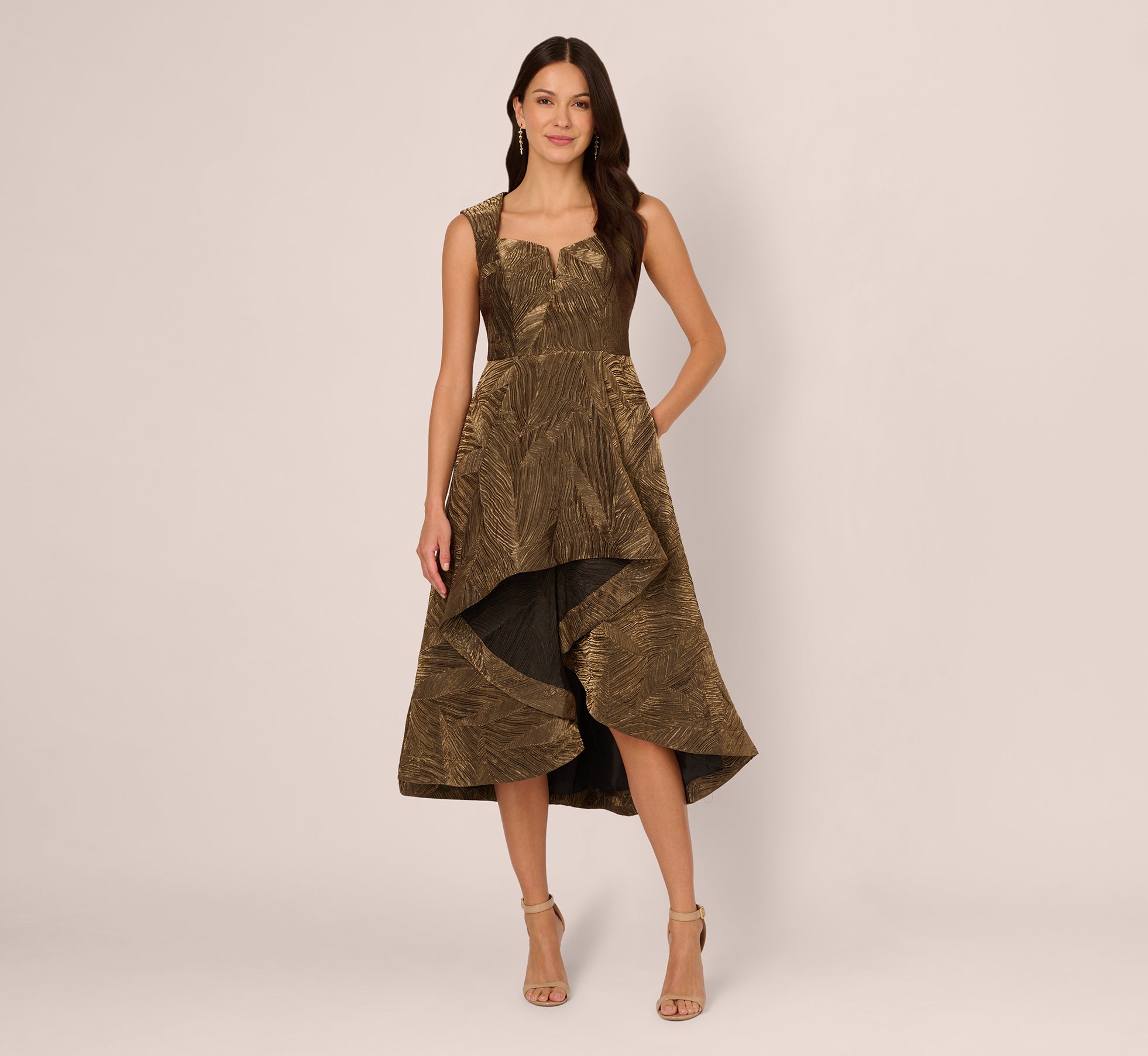 Textured Jacquard High Low Dress With Notched Neck In Metallic Gold 1