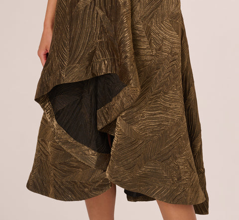 Textured Jacquard High Low Dress With Notched Neck In Metallic Gold