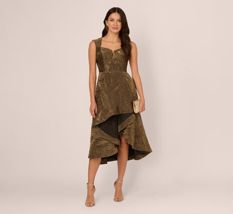 Textured Jacquard High Low Dress With Notched Neck In Metallic Gold