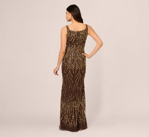 Sleeveless Beaded Mermaid Gown With Square Neckline In Chocolate