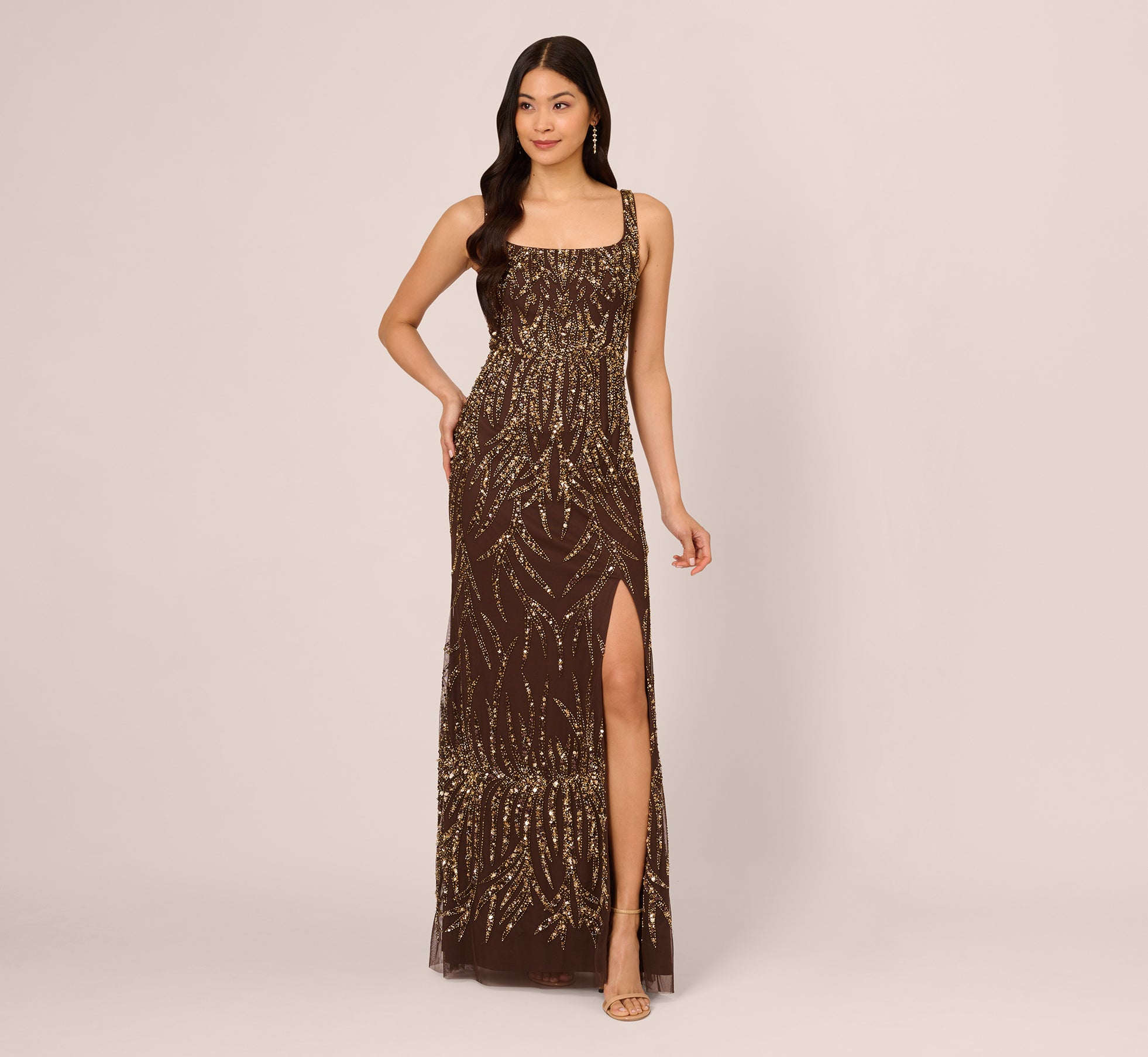 Sleeveless Beaded Mermaid Gown With Square Neckline In Chocolate 1