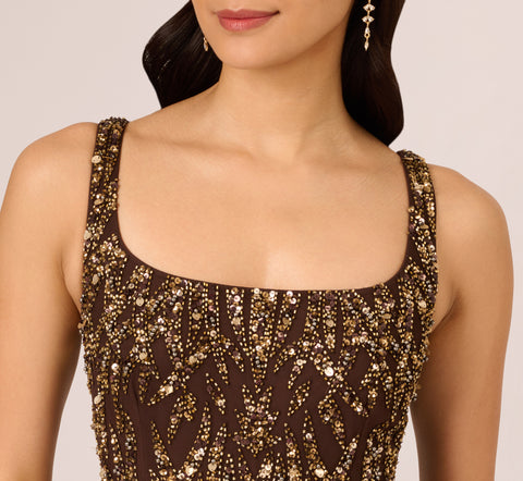 Sleeveless Beaded Mermaid Gown With Square Neckline In Chocolate