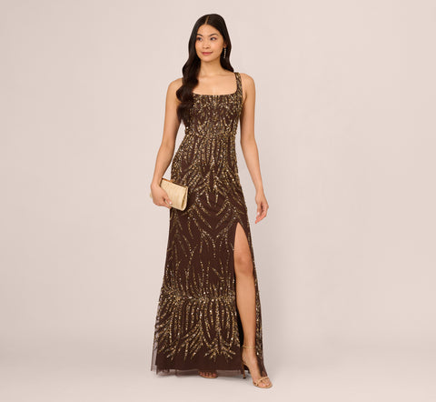 Sleeveless Beaded Mermaid Gown With Square Neckline In Chocolate