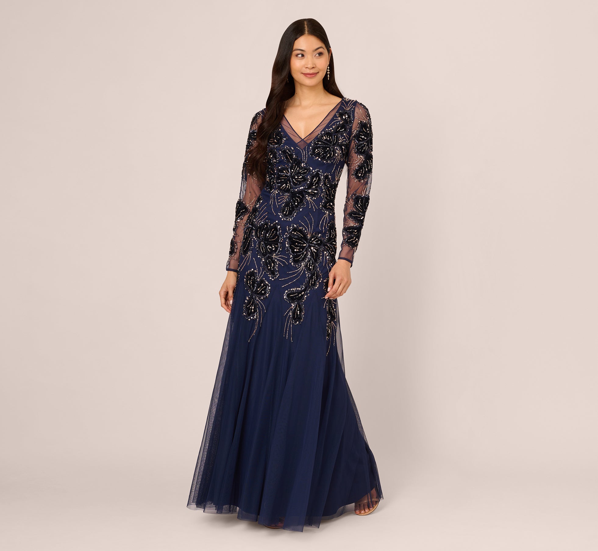 Beaded Long Sleeve Mermaid Gown With Velvet Trim In Light Navy 1