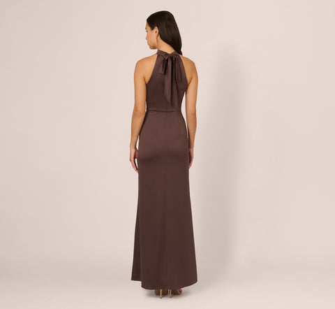 Satin Halter Mermaid Gown With Ruffle Trim In Dark Brown