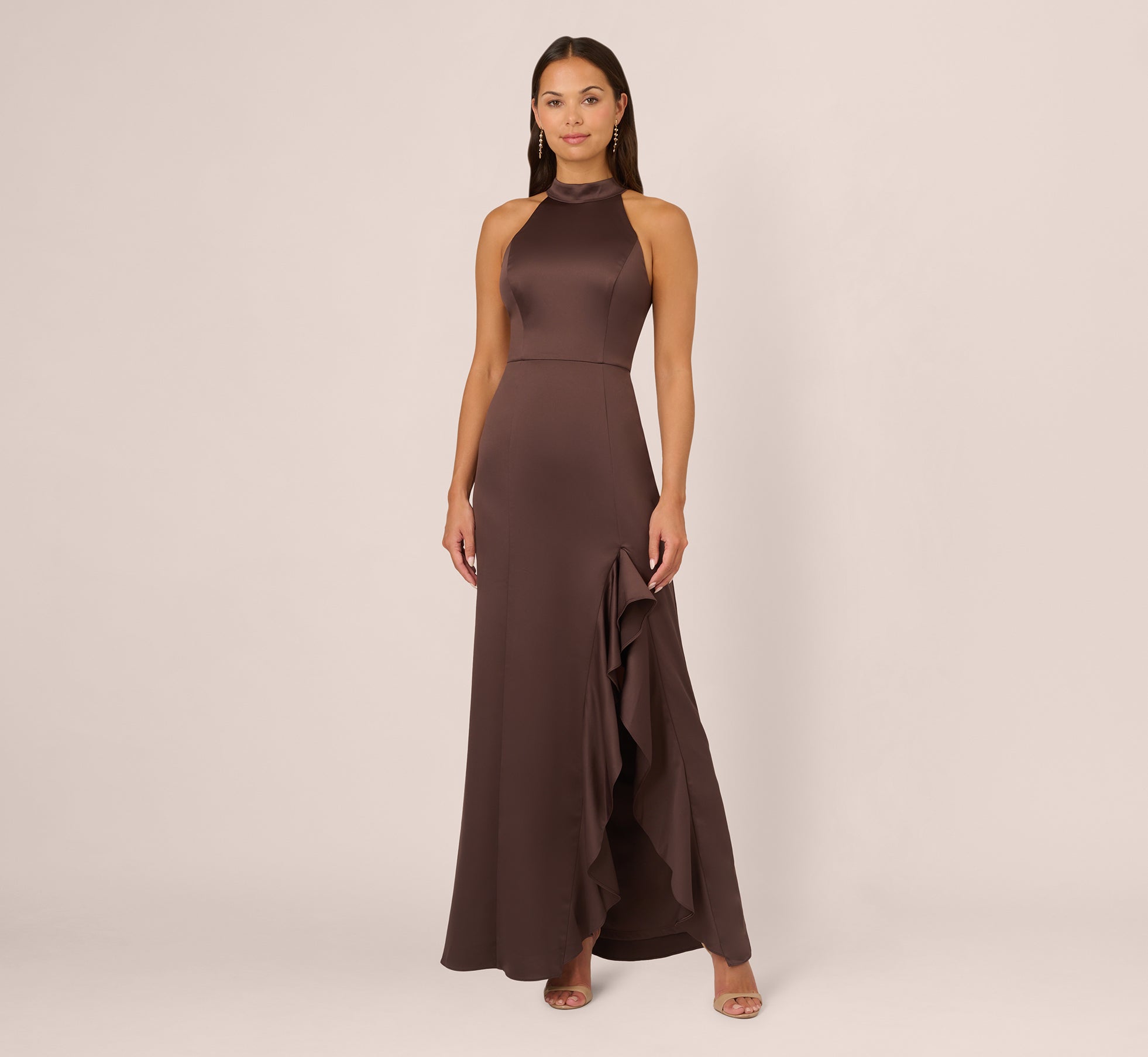 Satin Halter Mermaid Gown With Ruffle Trim In Dark Brown 1