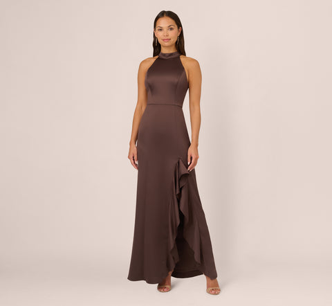 Satin Halter Mermaid Gown With Ruffle Trim In Dark Brown