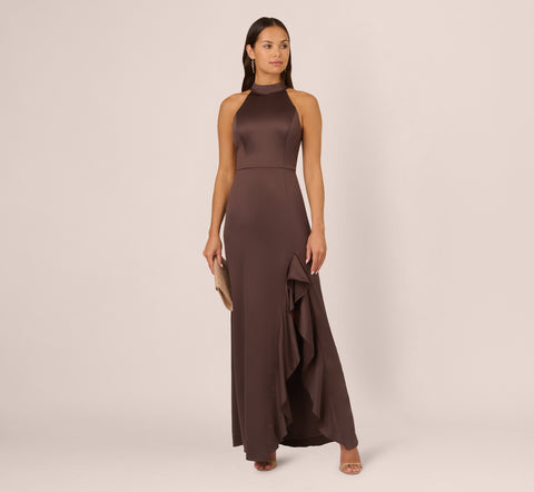 Satin Halter Mermaid Gown With Ruffle Trim In Dark Brown