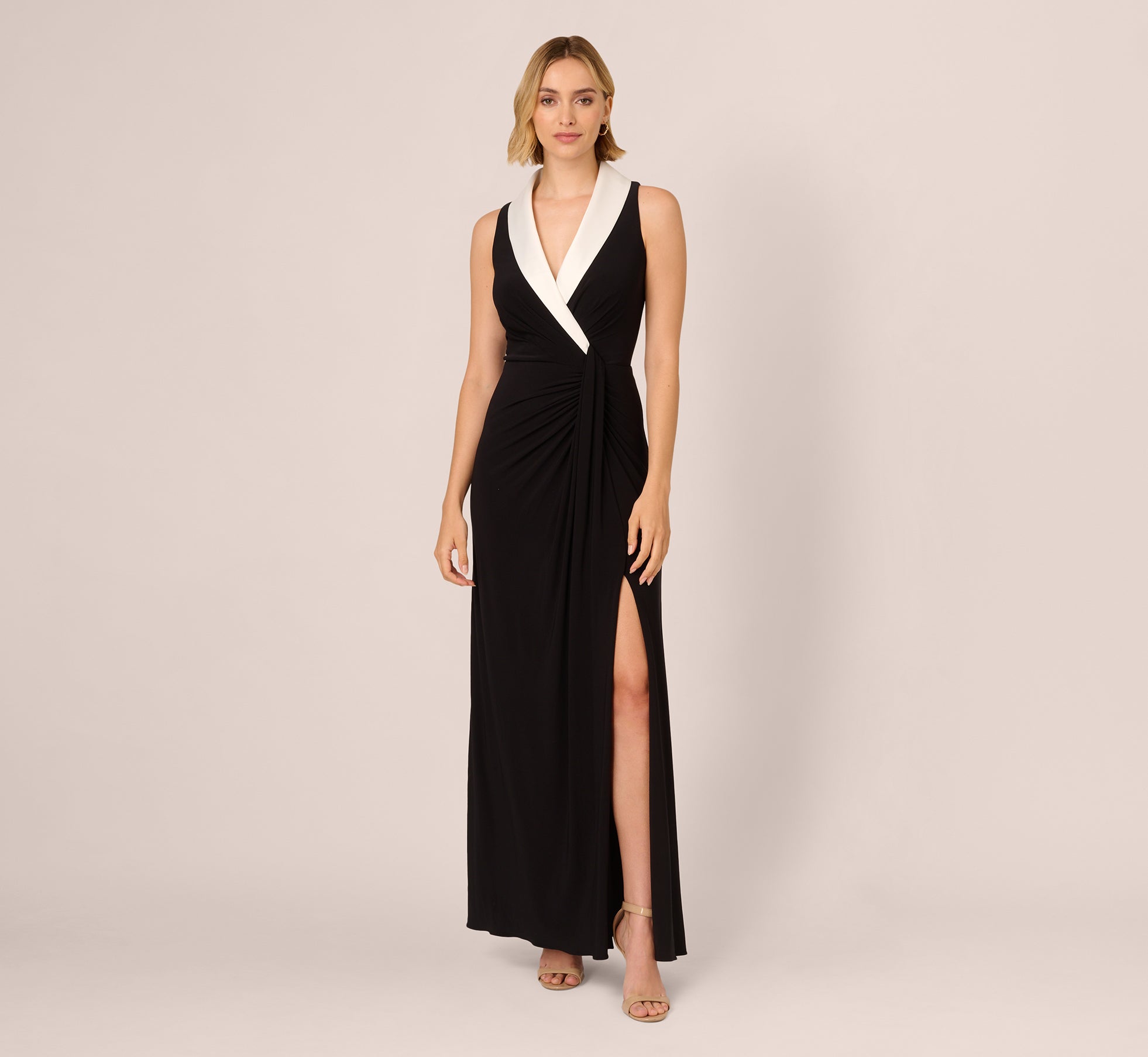 Shawl Collar Jersey Gown In Black Ivory 1