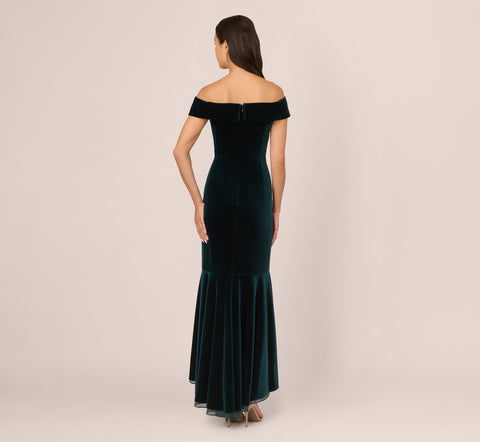 Off The Shoulder Velvet Mermaid Gown With Organza Ruffle In Hunter