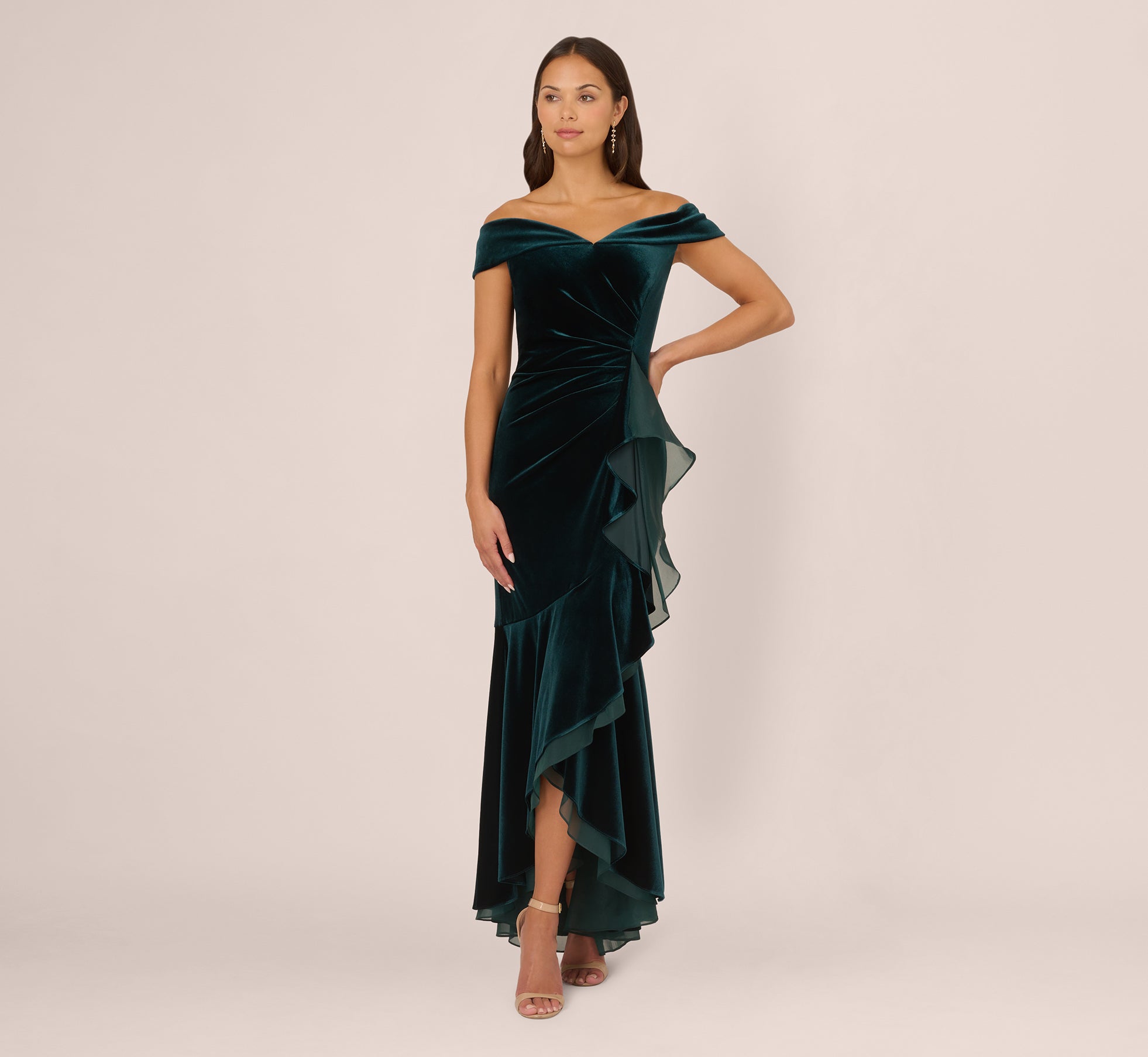 Off The Shoulder Velvet Mermaid Gown With Organza Ruffle In Hunter 1