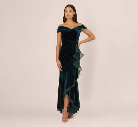 Off The Shoulder Velvet Mermaid Gown With Organza Ruffle In Hunter