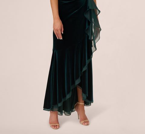 Off The Shoulder Velvet Mermaid Gown With Organza Ruffle In Hunter