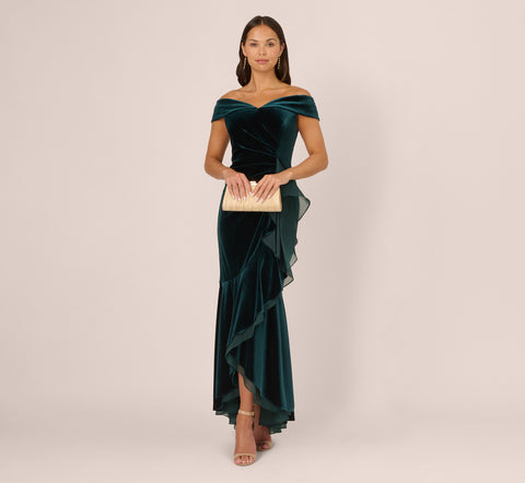 Off The Shoulder Velvet Mermaid Gown With Organza Ruffle In Hunter