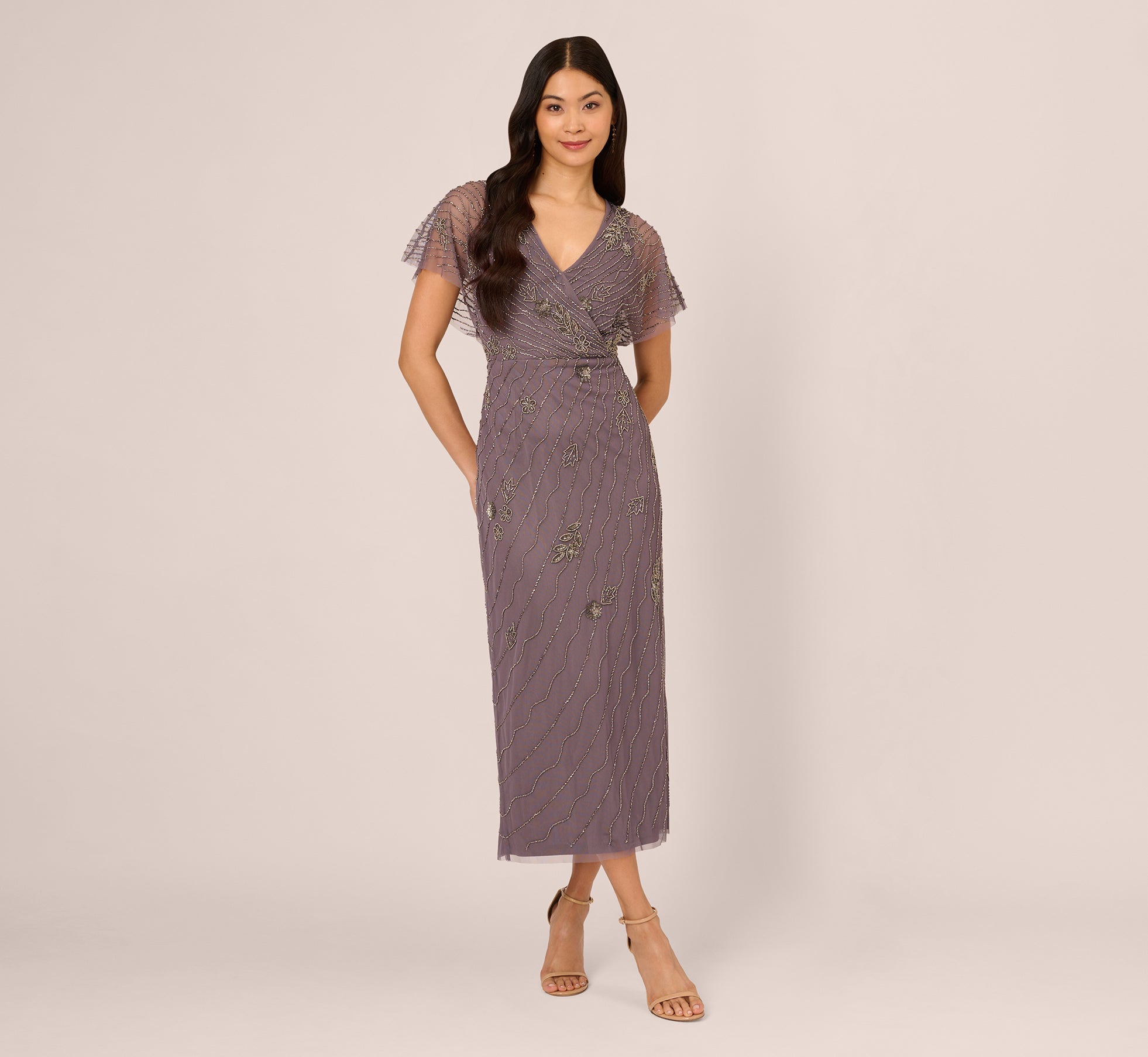 Beaded Ankle Length Dress With Sheer Flutter Sleeves In Moonscape 1