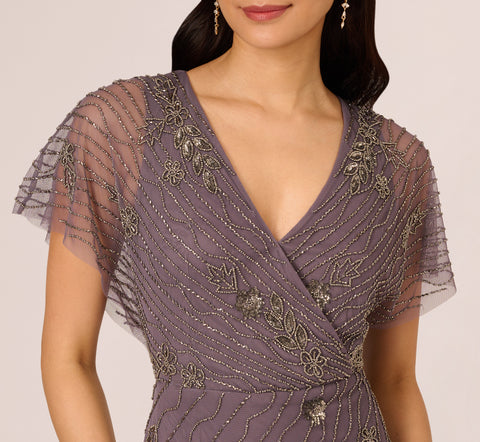 Beaded Ankle Length Dress With Sheer Flutter Sleeves In Moonscape Adrianna Papell