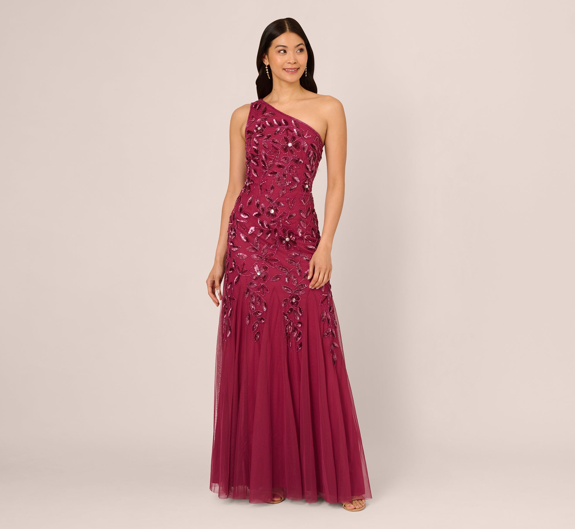 Floral Beaded One Shoulder Mermaid Gown With Godet Skirt In Shiraz 1