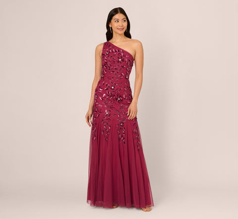 Floral Beaded One Shoulder Mermaid Gown With Godet Skirt In Shiraz