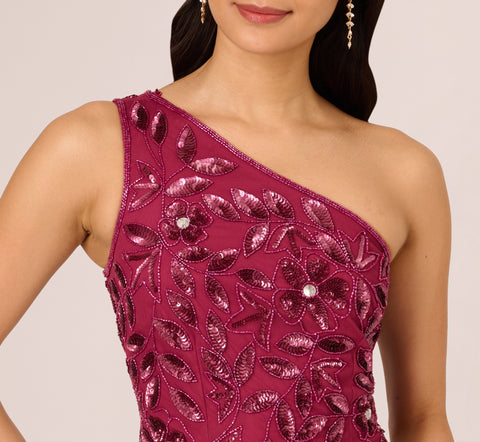 Floral Beaded One Shoulder Mermaid Gown With Godet Skirt In Shiraz