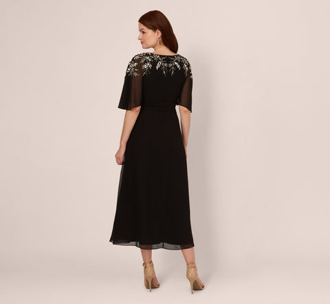 Beaded Chiffon Ankle Length Gown With Dolman Sleeves In Black