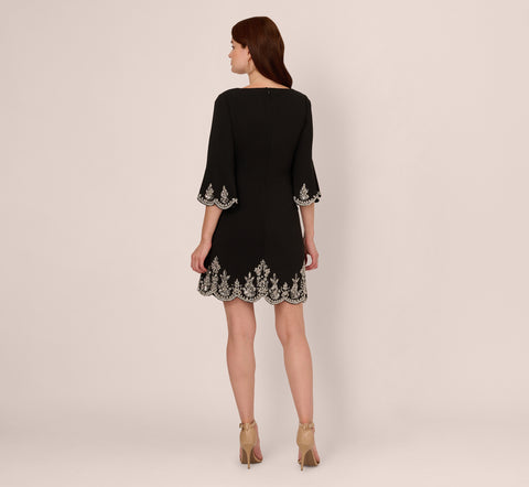 Beaded Three Quarter Sleeve Crepe Dress With Scallop Edges In Black