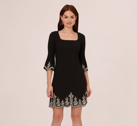 Beaded Three Quarter Sleeve Crepe Dress With Scallop Edges In Black