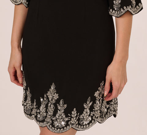 Beaded Three Quarter Sleeve Crepe Dress With Scallop Edges In Black