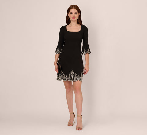 Beaded Three Quarter Sleeve Crepe Dress With Scallop Edges In Black