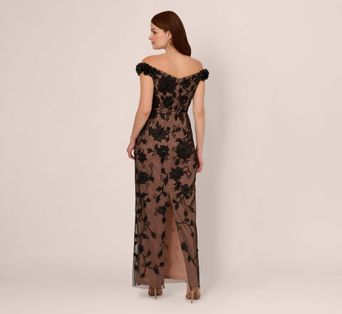 Off The Shoulder Beaded Column Gown With Rosette Accents In Black Rosegold