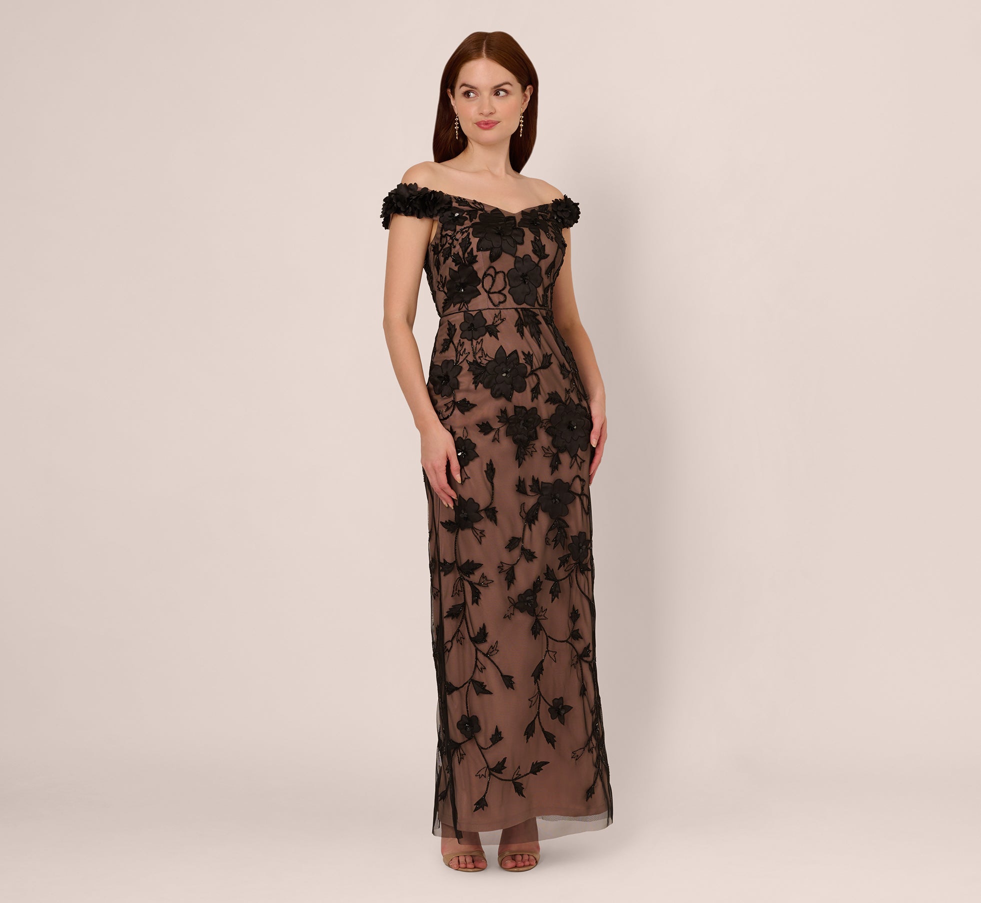 Off The Shoulder Beaded Column Gown With Rosette Accents In Black Rosegold 1