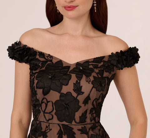 Off The Shoulder Beaded Column Gown With Rosette Accents In Black Rosegold