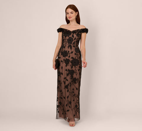 Off The Shoulder Beaded Column Gown With Rosette Accents In Black Rosegold