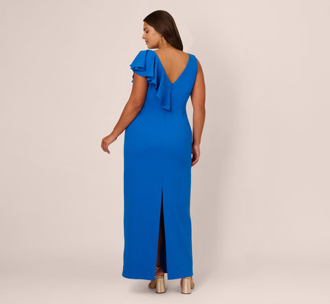 Plus Size Knit Crepe Sleeveless Column Gown With Draped Accent In Cool Cobalt