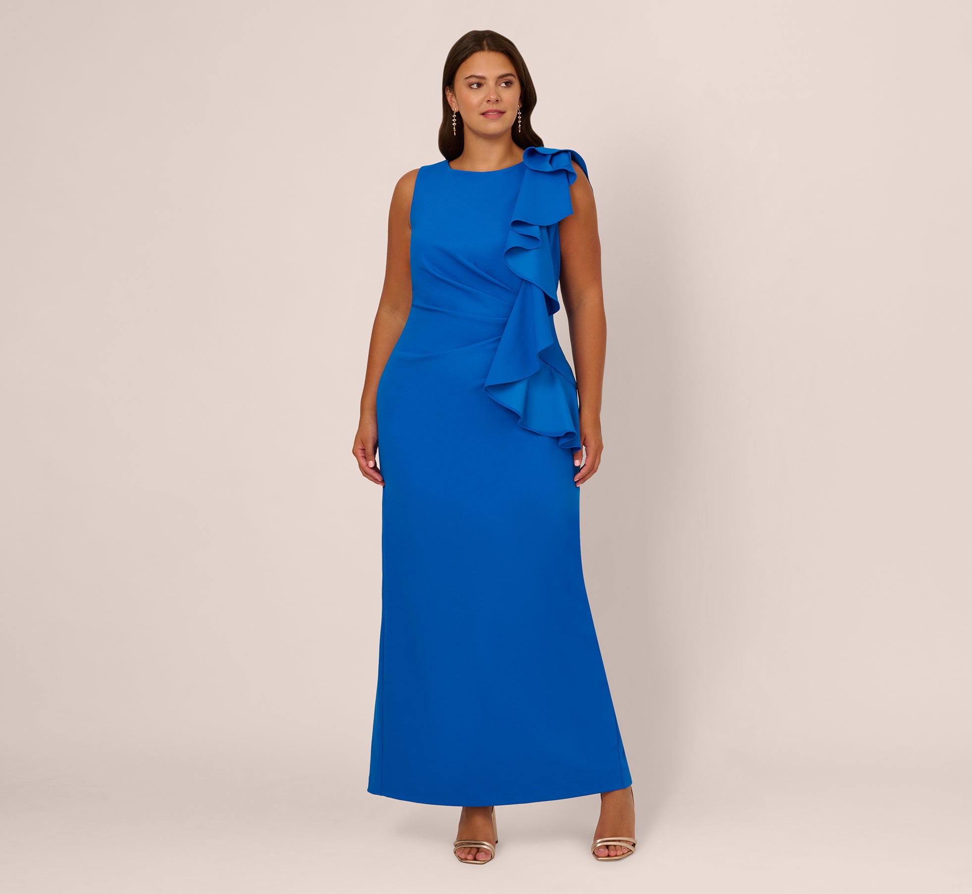 Plus Size Knit Crepe Sleeveless Column Gown With Draped Accent In Cool Cobalt 1