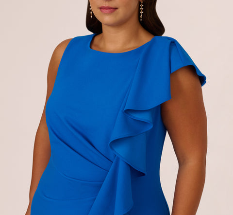 Plus Size Knit Crepe Sleeveless Column Gown With Draped Accent In Cool Cobalt