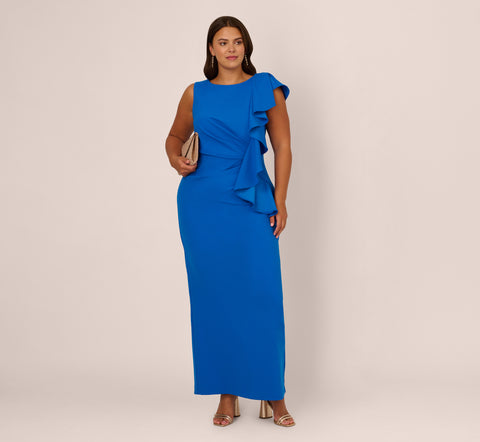 Plus Size Knit Crepe Sleeveless Column Gown With Draped Accent In Cool Cobalt