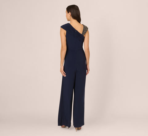 Wide Leg Shirred Jersey Jumpsuit With Beaded Strap In Midnight